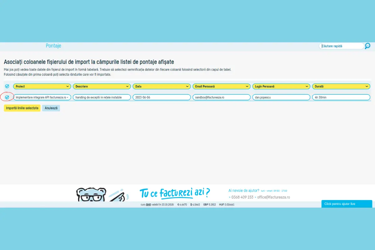 Cum generezi automat pontaje cu un import din Excel - pasul 7