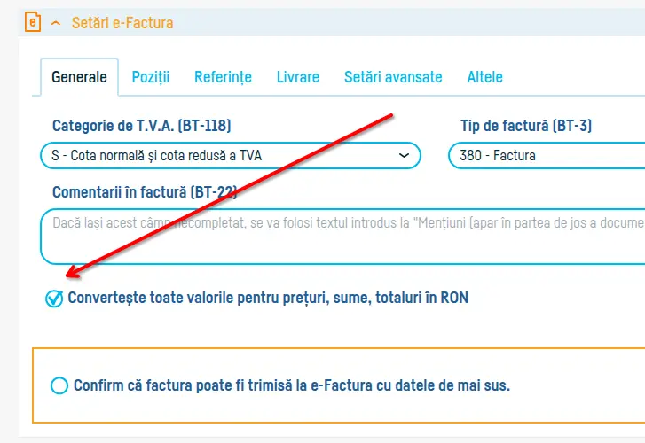 Convertirea automată a valorilor în lei pentru eFactura - pasul 3