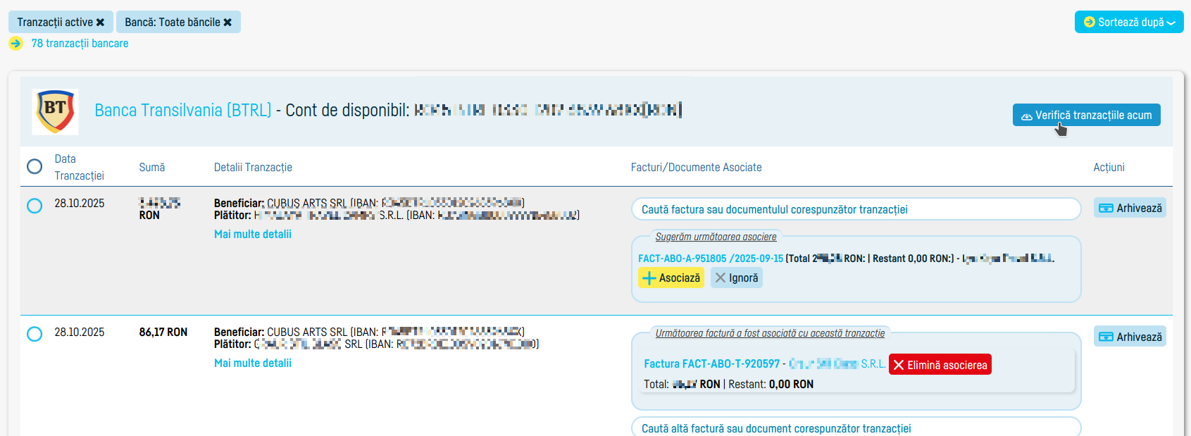 Asocierea automată a tranzacțiilor bancare cu facturile - pasul 2