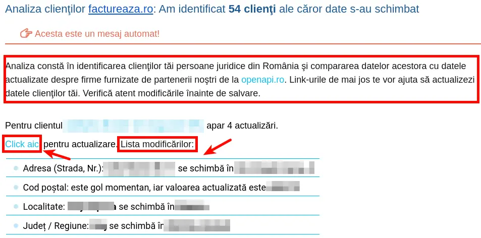 Notificări cu schimbări în datele clienţilor - pasul 4