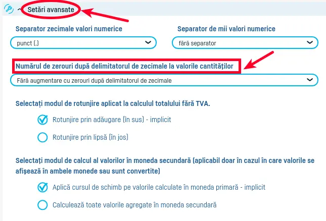 Setare directă în documente a zecimalelor cantităţii - pasul 1