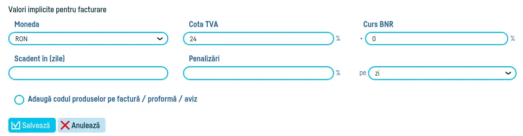 Cum stabilesc valorile implicite pentru facturi? - pasul 3