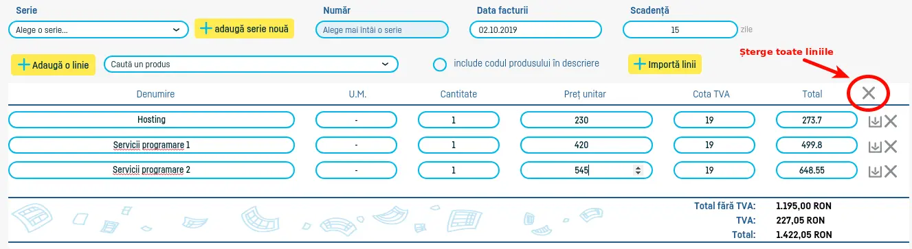 Ștergerea tuturor liniilor din factură - pasul 1