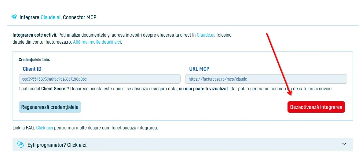 Cum conectezi Claude.ai la factureaza.ro - pasul 14
