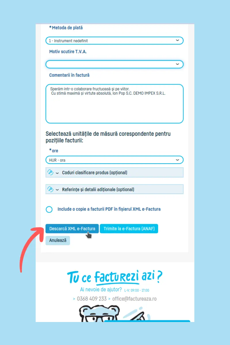 Generarea fișierelor XML(UBL) pentru e-Factura - pasul 4