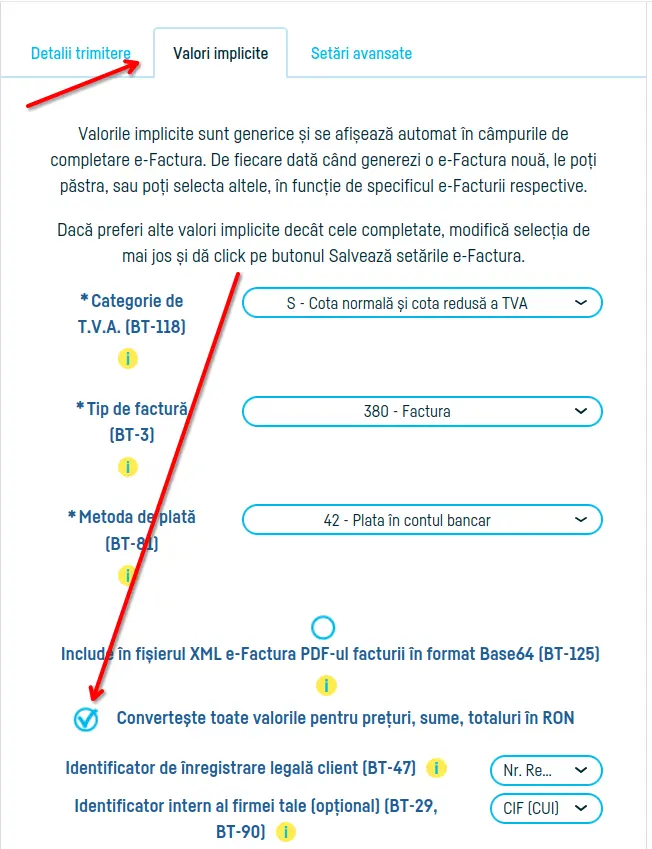 Convertirea automată a valorilor în lei pentru eFactura - pasul 2