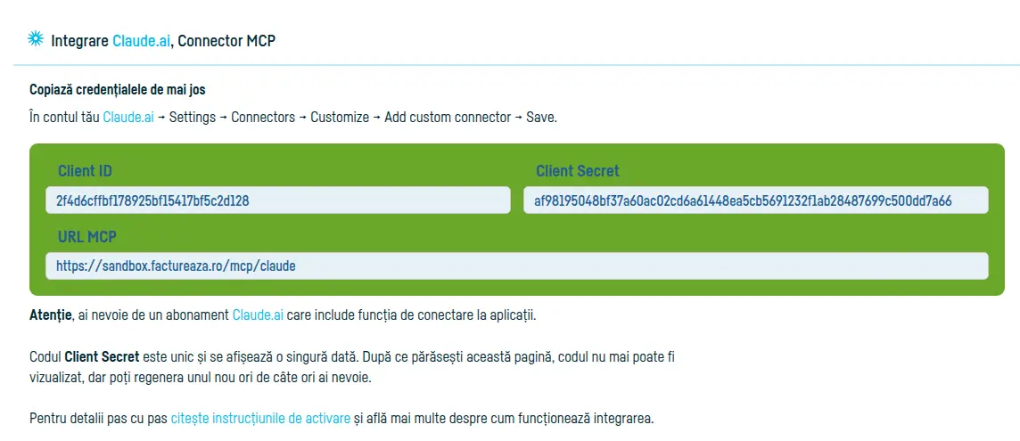 Cum conectezi Claude.ai la factureaza.ro - pasul 3