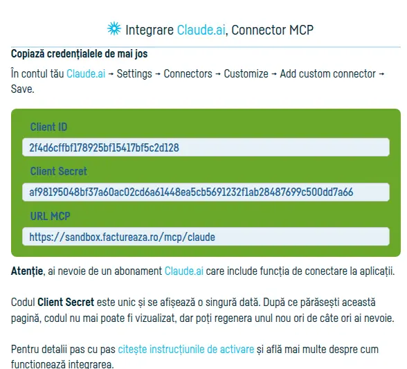 Cum conectezi Claude.ai la factureaza.ro - pasul 4