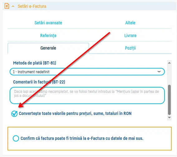 Convertirea automată a valorilor în lei pentru eFactura - pasul 3