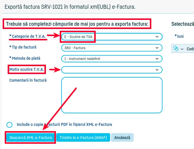 Alegerea motivului de scutire TVA este obligatorie la exportul în e-Factura