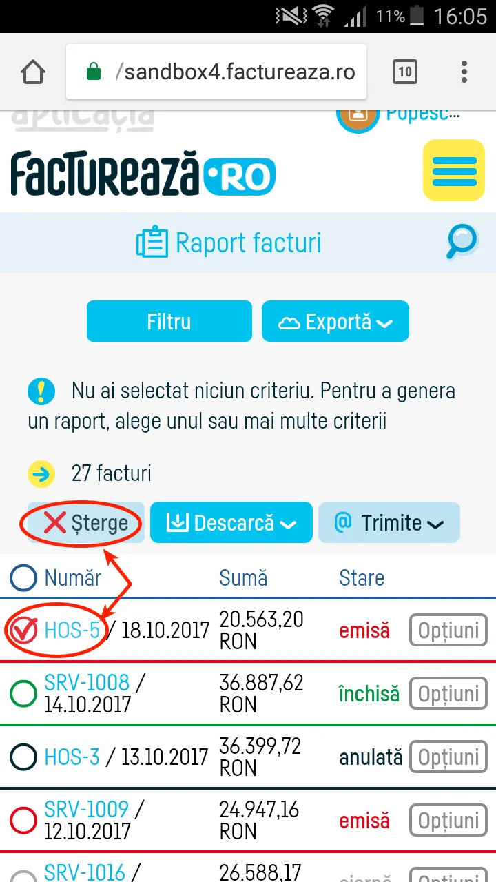 Cum șterg o factură? - pasul 2