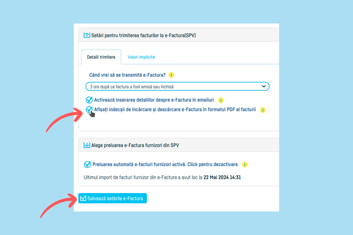 e-factura index incarcare index descarcare setare configurari