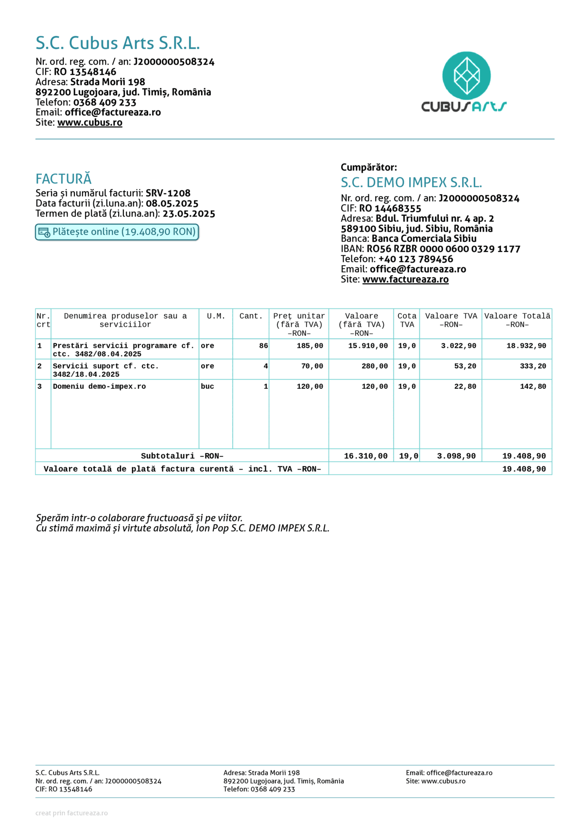 Factură și chitanță 3x per A4 (USD + RON), spaniolă